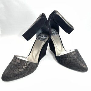 Jeffery Campbell Black Tatum Leather Ankle Strap Heeled Wedges Size 9M, NEW